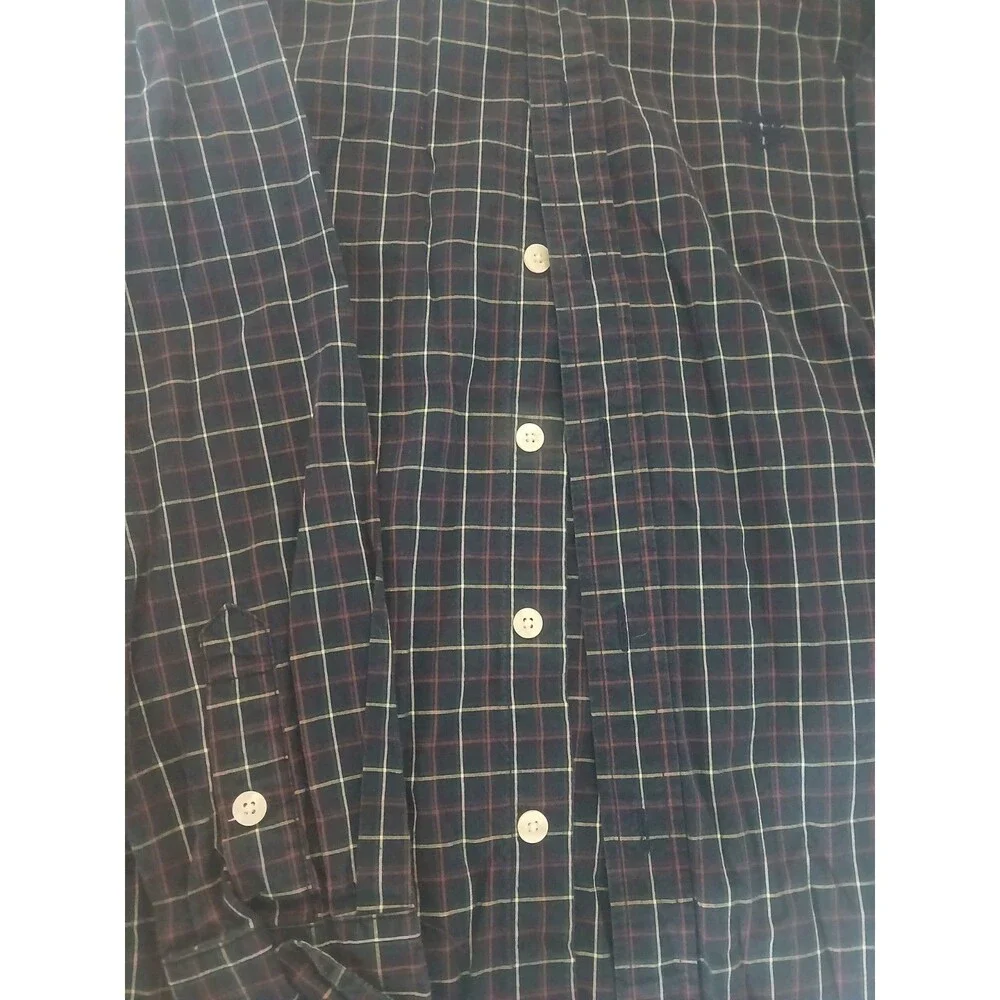 Chaps Button Down Shirt Boys Medium 10-12 Red Navy Plaid Cotton Long Sleeve